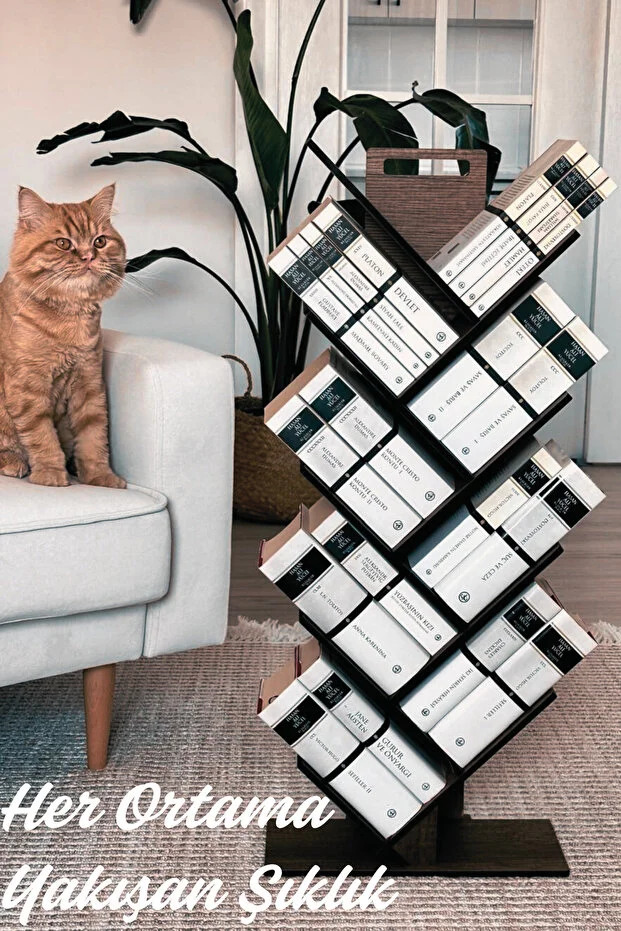 Geometrik 8 Raflı Ağaç Kitaplık Dekoratif Raf